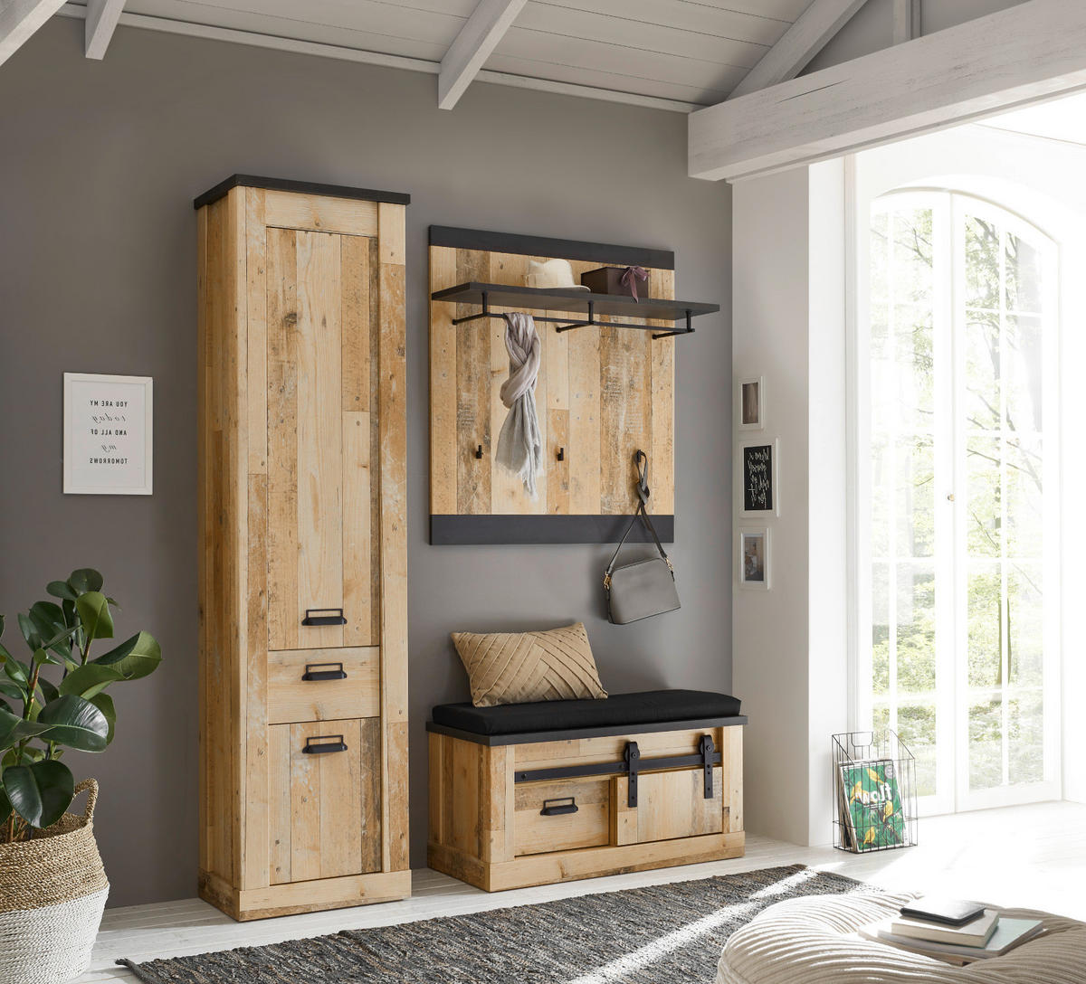 GARDEROBE Set 4-tlg. Used Wood Vintage 164 x 200 cm, mit Schiebetür und Soft-Close - Anthrazit/Schwarz, Holzwerkstoff/Metall (164/201/43cm) - Furn.Design