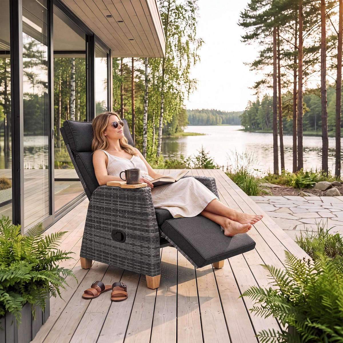 RATTANSESSEL Pescara, verstellbare Lehne, Aluminiumgestell grau, 68,5 x 67-128 x 87-104 cm, wetterfester Bezug, 150 kg belastbar - Grau, Kunststoff (68.5/106/129cm) - tectake