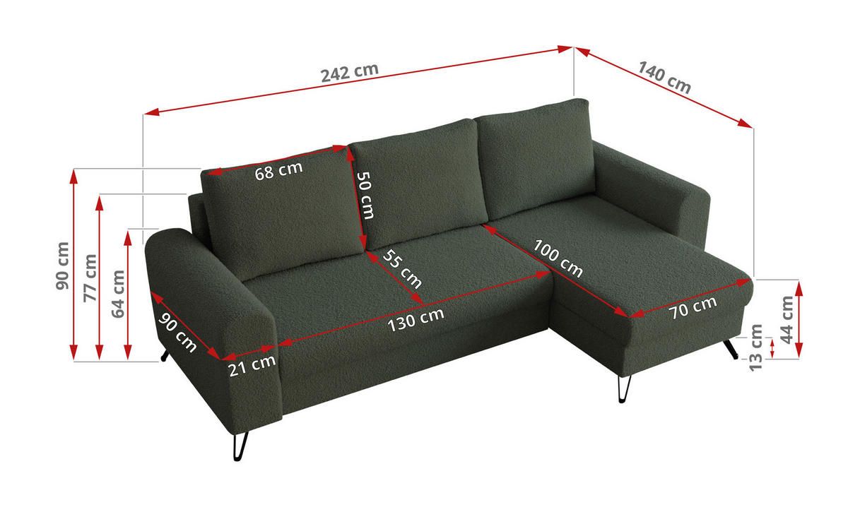 ECKSOFA Hugo Boucle Grün - Schwarz/Grün, Textil/Metall (242/140cm) - MKS