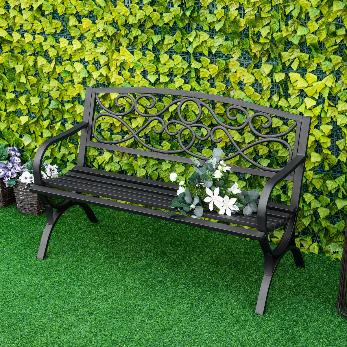 GARTENBANK DE-17762 2-Sitzer mit Weinranken-Motiv Schwarz - Schwarz, Metall (128/85/58.5cm) - ComfortXL