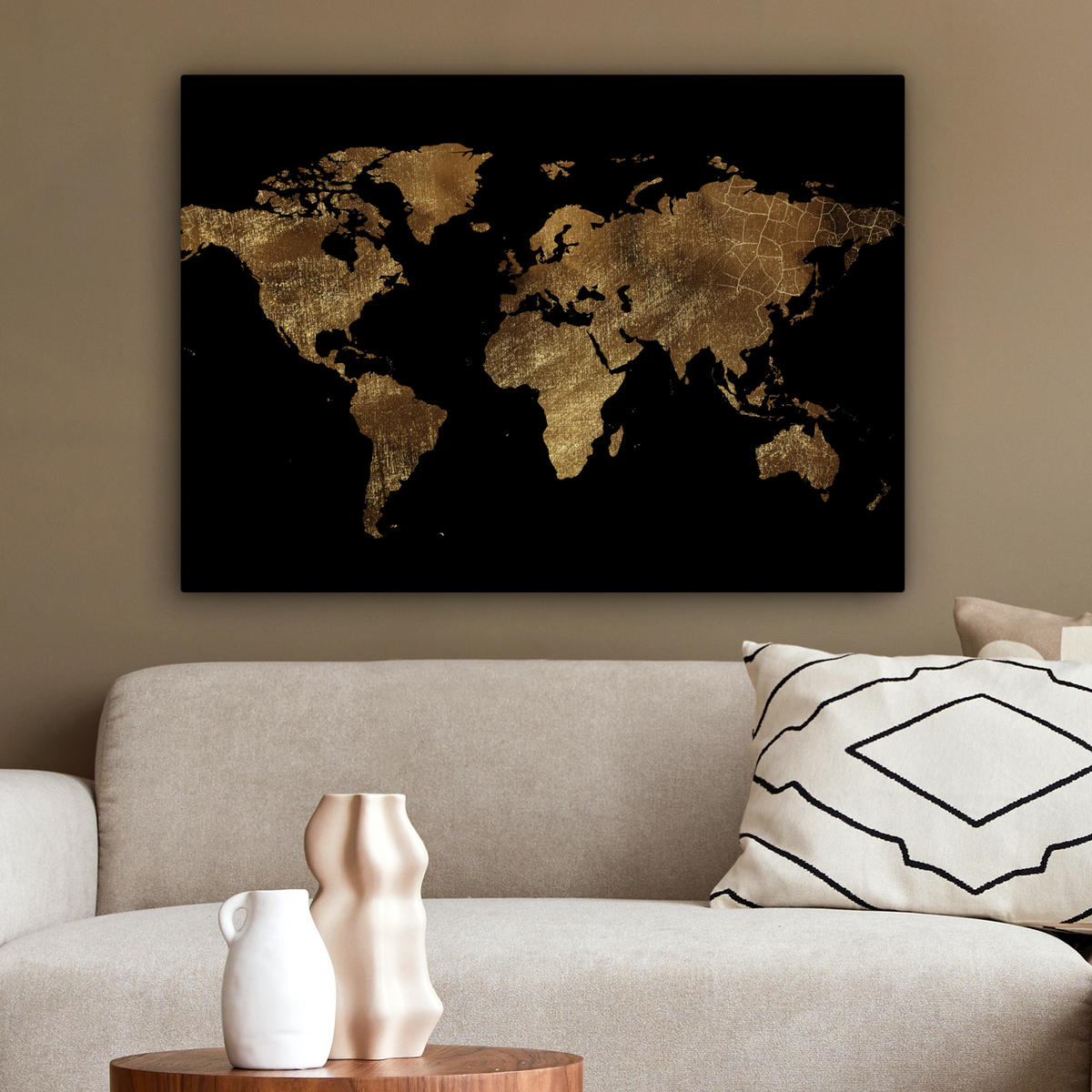 LEINWANDBILD Weltkarte - Gold - Luxus - Erde - Schwarz Wandbilder 80x60 cm - Goldfarben, Textil (80/60cm) - MuchoWow