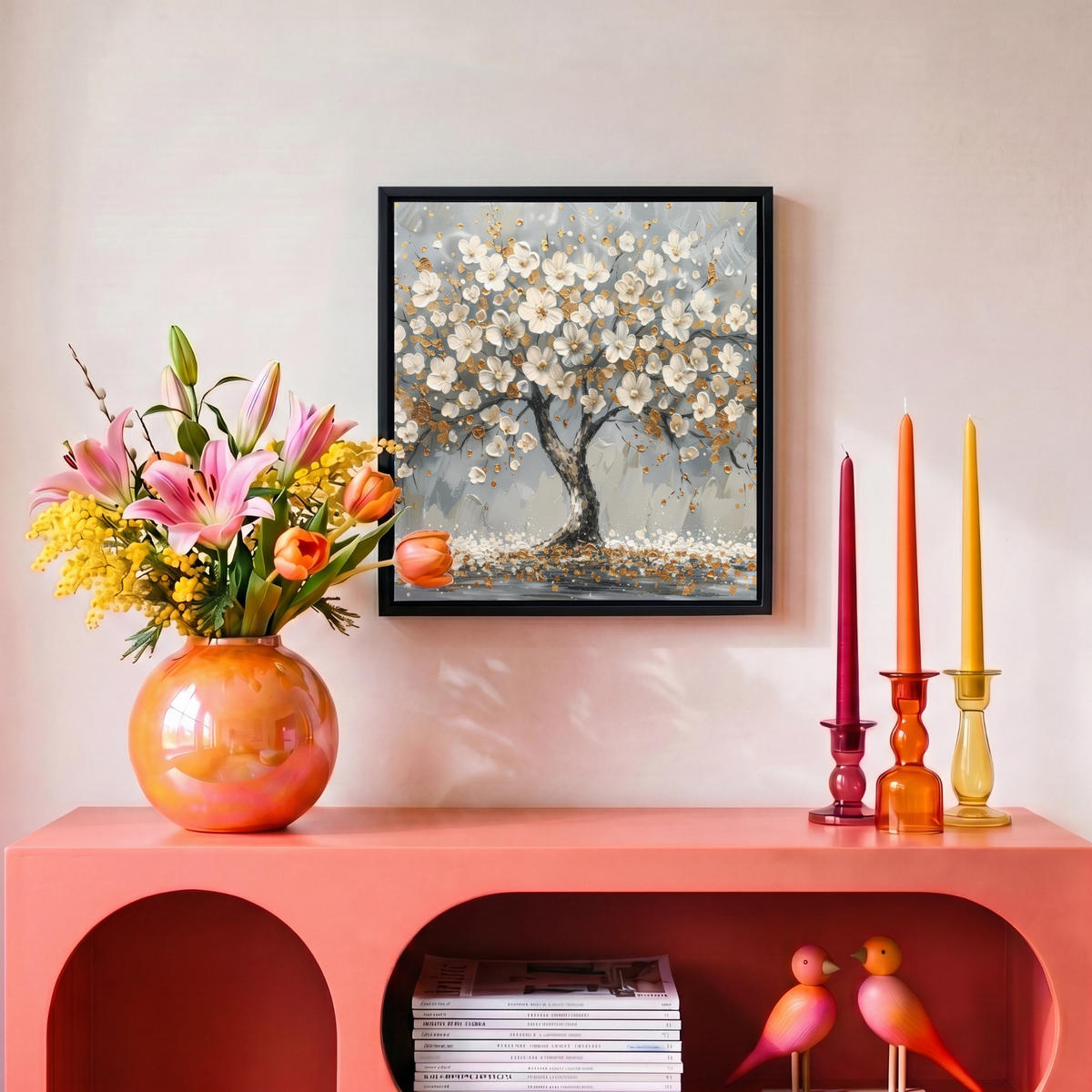 LEINWAND Bilder mit Rahmen - Baum - Blumen - Weiß - Natur - Kunst - 20x20 - Weiß, Textil (20/20cm) - MuchoWow