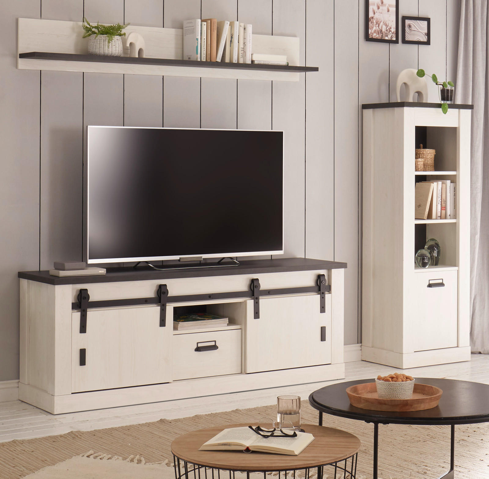 WOHNWAND weiß Pinie, anthrazit Landhaus, Wohnkombination 3-teilig 233 cm - Anthrazit/Weiß, Holzwerkstoff/Metall (233/170/43cm) - Furn.Design