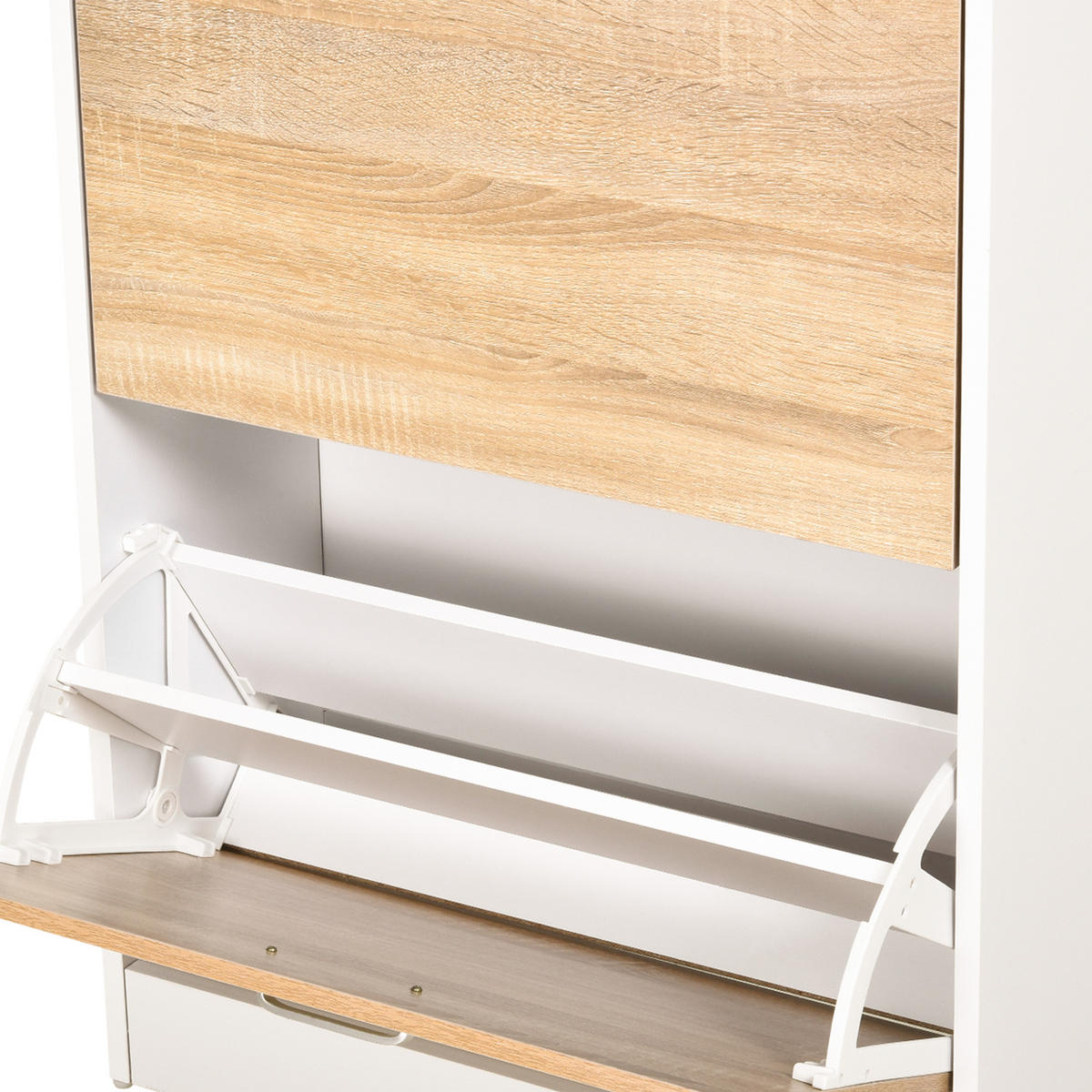 SCHUHSCHRANK DE-14965 2 Klapptüren & Schublade mit Glasablage Eiche - Weiß, Holzwerkstoff (60/105/24cm) - ComfortXL
