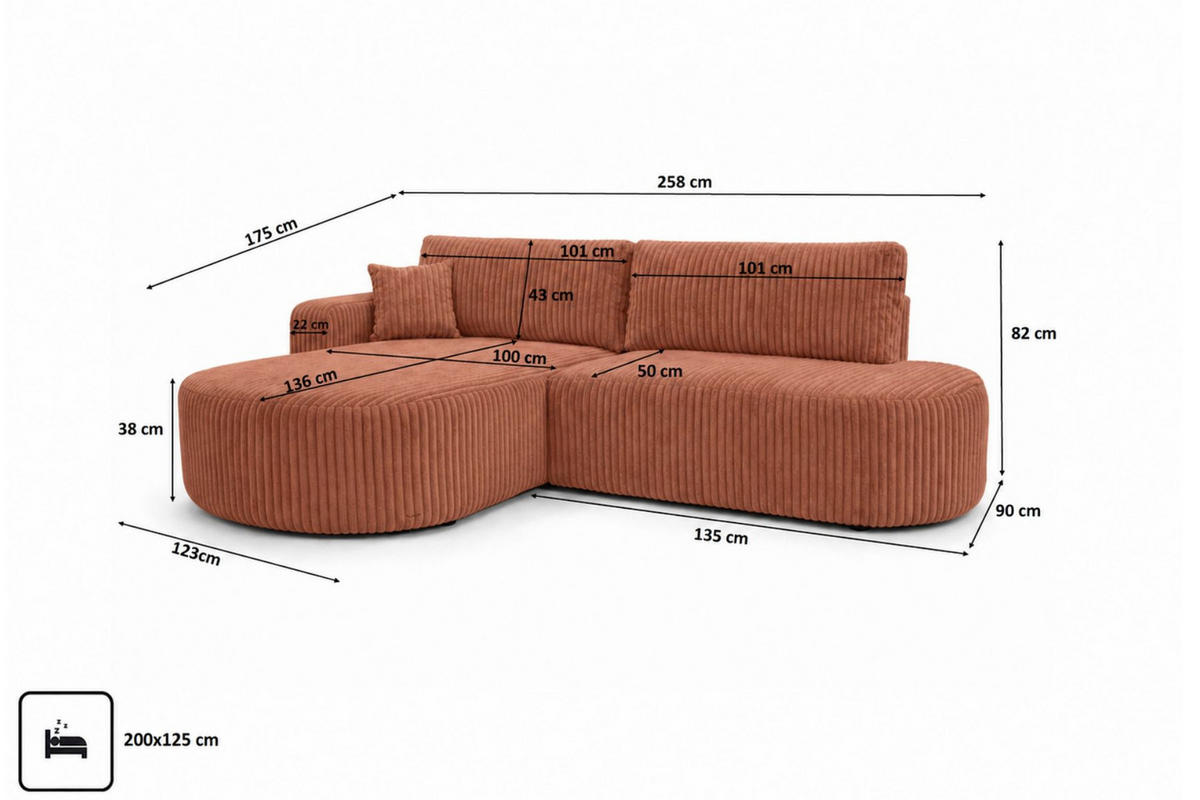 ECKSOFA Mit Schlaffunktion Und Bettkasten, Cordstoff Tilia, Kupfer, Links, ROUND ONE OPEN XL - Orange, Holz (258/175cm) - Kaiser Möbel