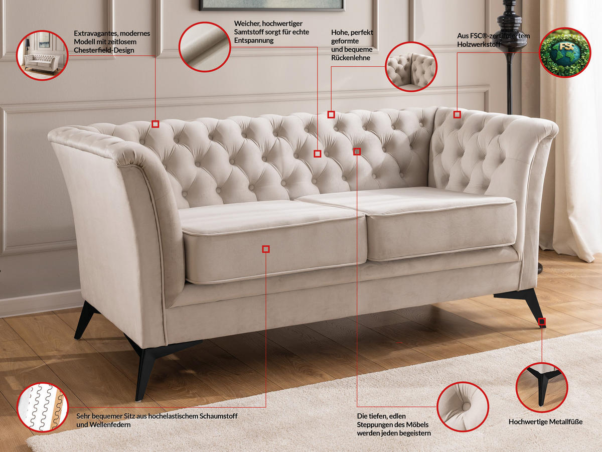 SITZGARNITUR 2+1 Chesterfield Whitby Beige Samt mit schwarzen Füßen - Beige/Schwarz, Holz/Textil (175/78/82cm) - S-Style Möbel
