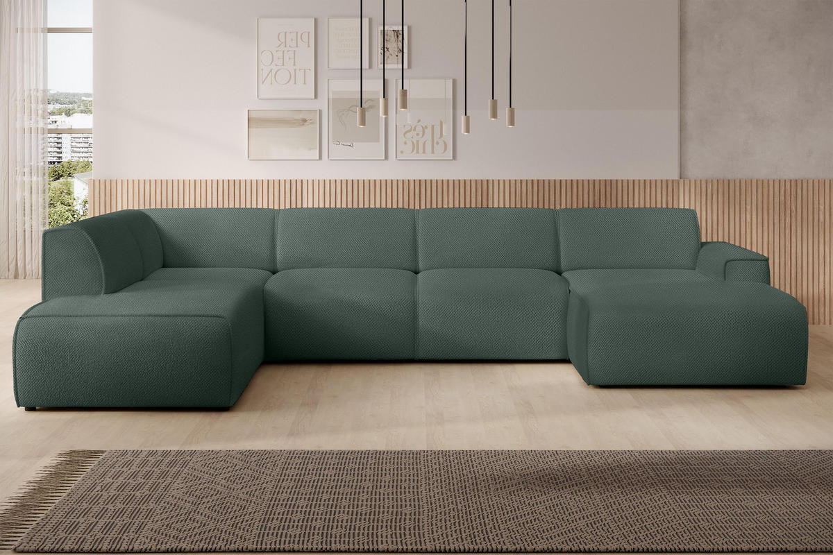 WOHNLANDSCHAFT Didim Grün 378/220/78 cm – großes Sofa stilvoll & bequem L - Schwarz/Grün, Kunststoff/Textil (220/78/378cm) - AX Living