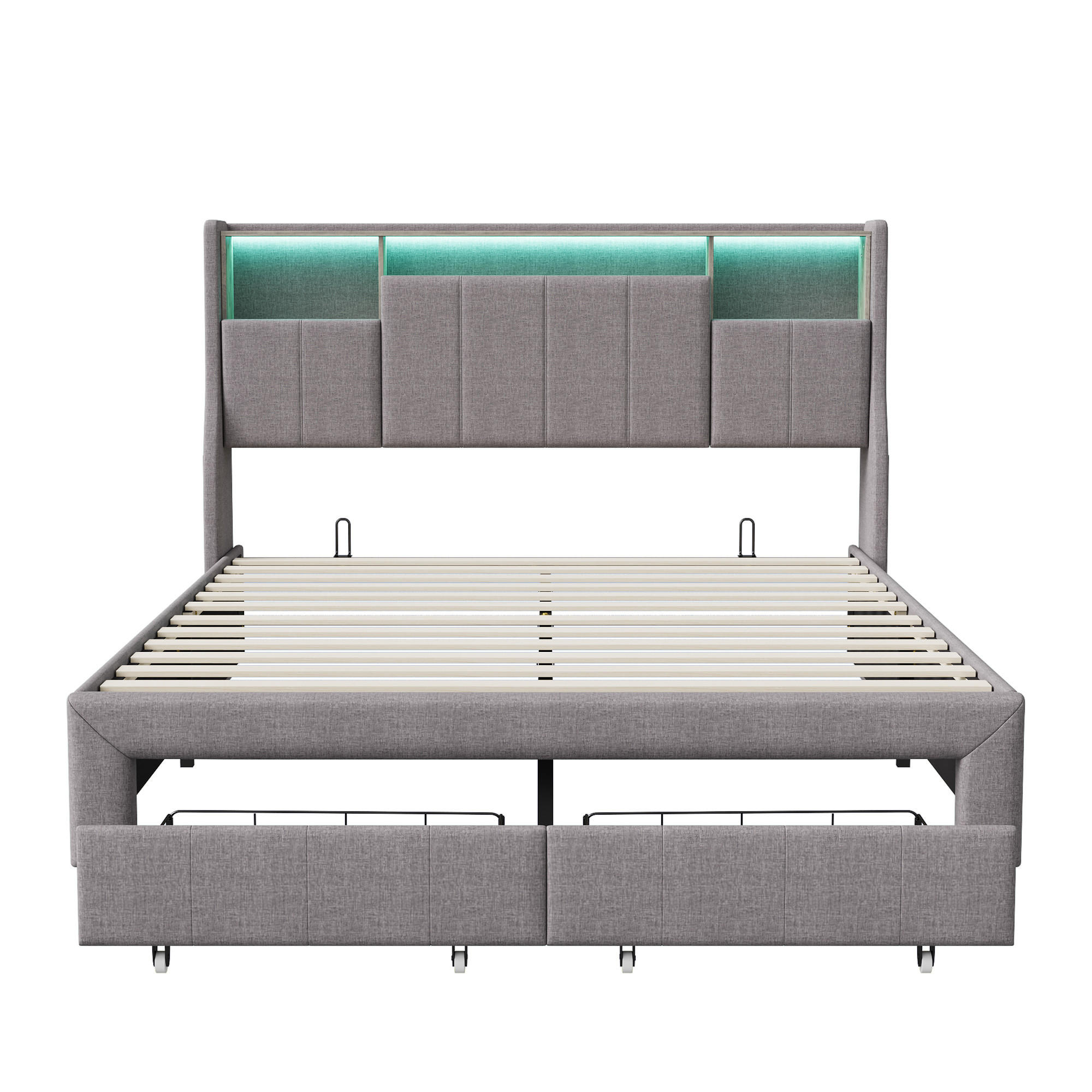 POLSTERBETT 160x2000 cm, Mit 2 Schubladen, LED-Beleuchtung, USB-Anschluss, Kopfteil mit Stauraum, Leinenstoff, Lattenrost - Grey - Grau, Holzwerkstoff (160/200cm) - Brevoria