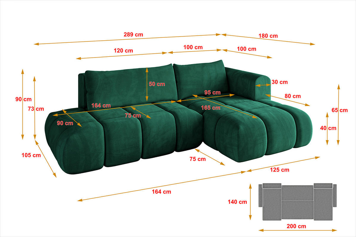 ECKSOFA Ottomane Rechts CLOUD-L 289x180x40 Dunkelgrün Velours - Dunkelgrün, Holzwerkstoff/Kunststoff (289/180cm) - ALTDECOR