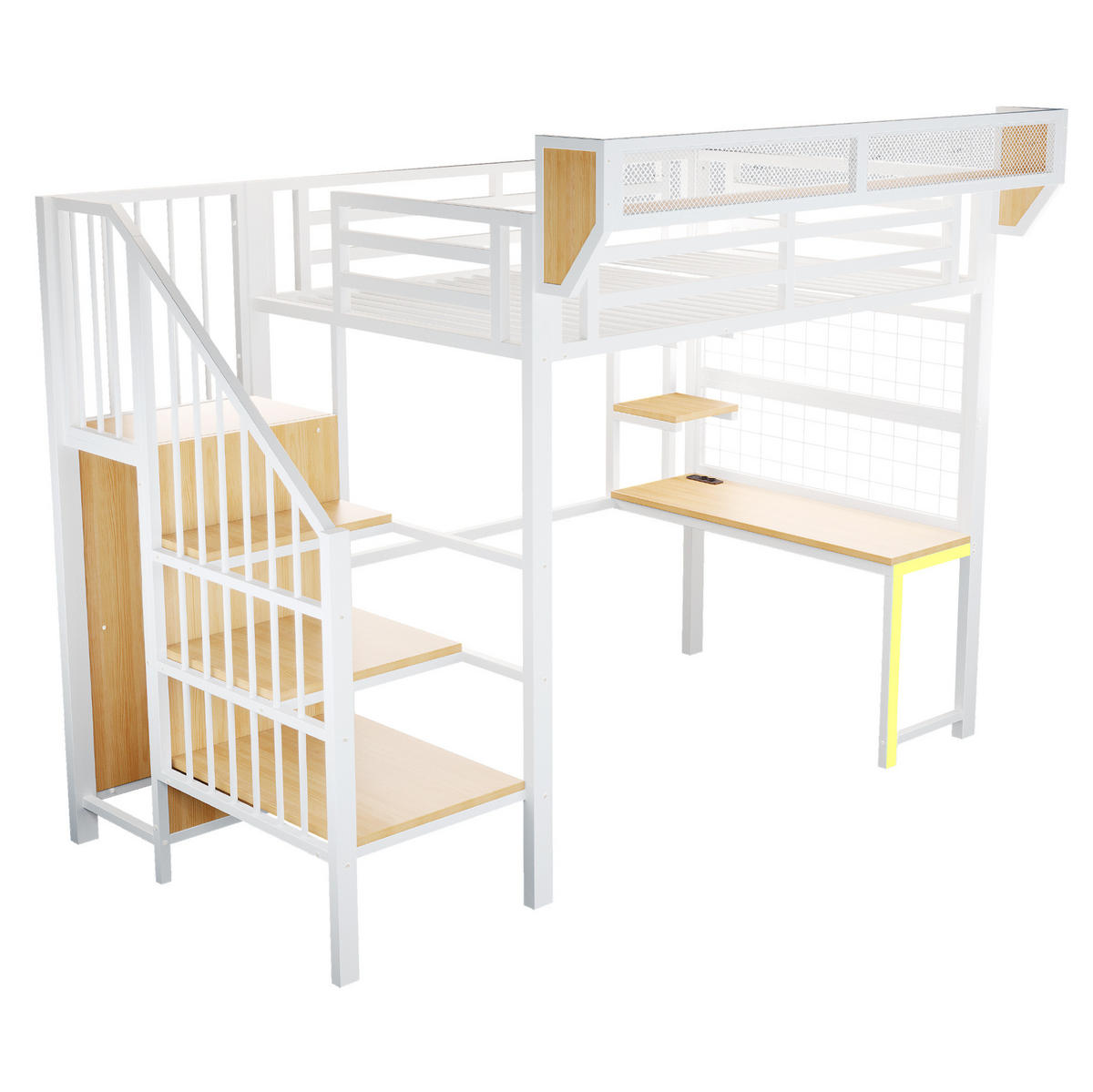 HOCHBETT aus Metall und MDF 90x200 cm Weiß mit Schreibtisch, Regal, LED-Beleuchtung und Steckdosen - Weiß, Metall (90/200cm) - Modfu