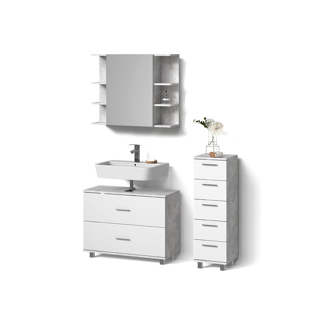 BADMÖBEL-SET Eisak Beton/Weiß 3 Teile, mit Unterschrank 80 cm - Weiß/Grau, Holzwerkstoff (80/60/33cm) - Livinity®