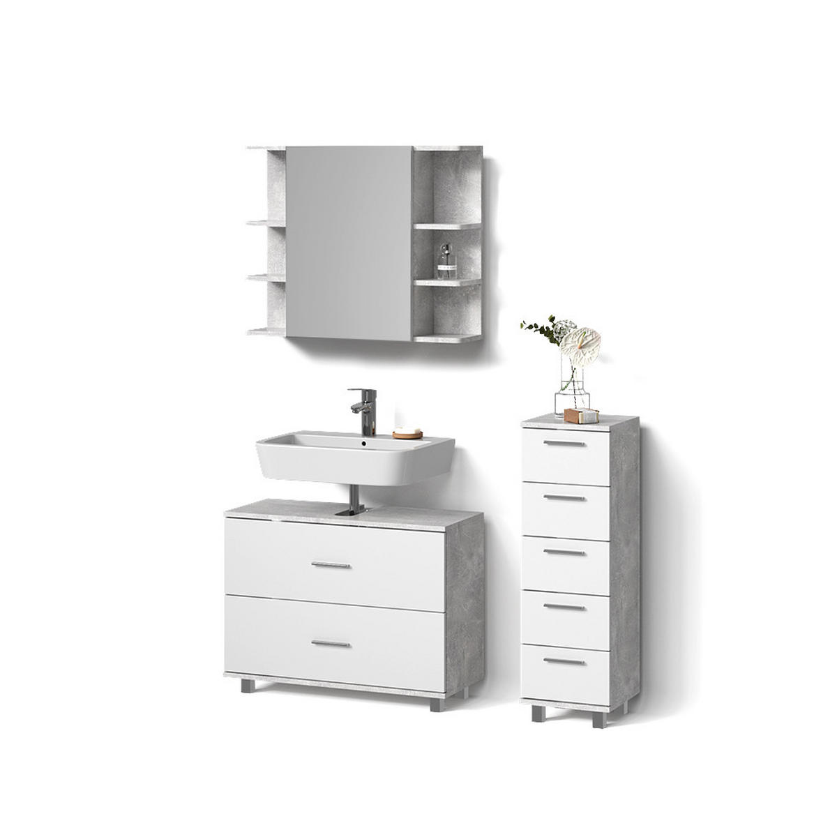 BADMÖBEL-SET Eisak Beton/Weiß 3 Teile, mit Unterschrank 80 cm - Weiß/Grau, Holzwerkstoff (80/60/33cm) - Livinity®