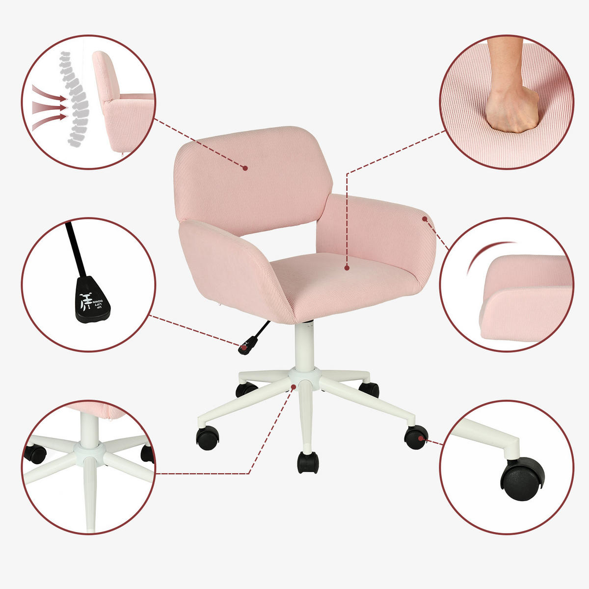 KLAPPBARER Schreibtisch & Rosa Cord-Bürostuhl Set - Pink, Metall (41/80/74cm) - Meubles Cosy