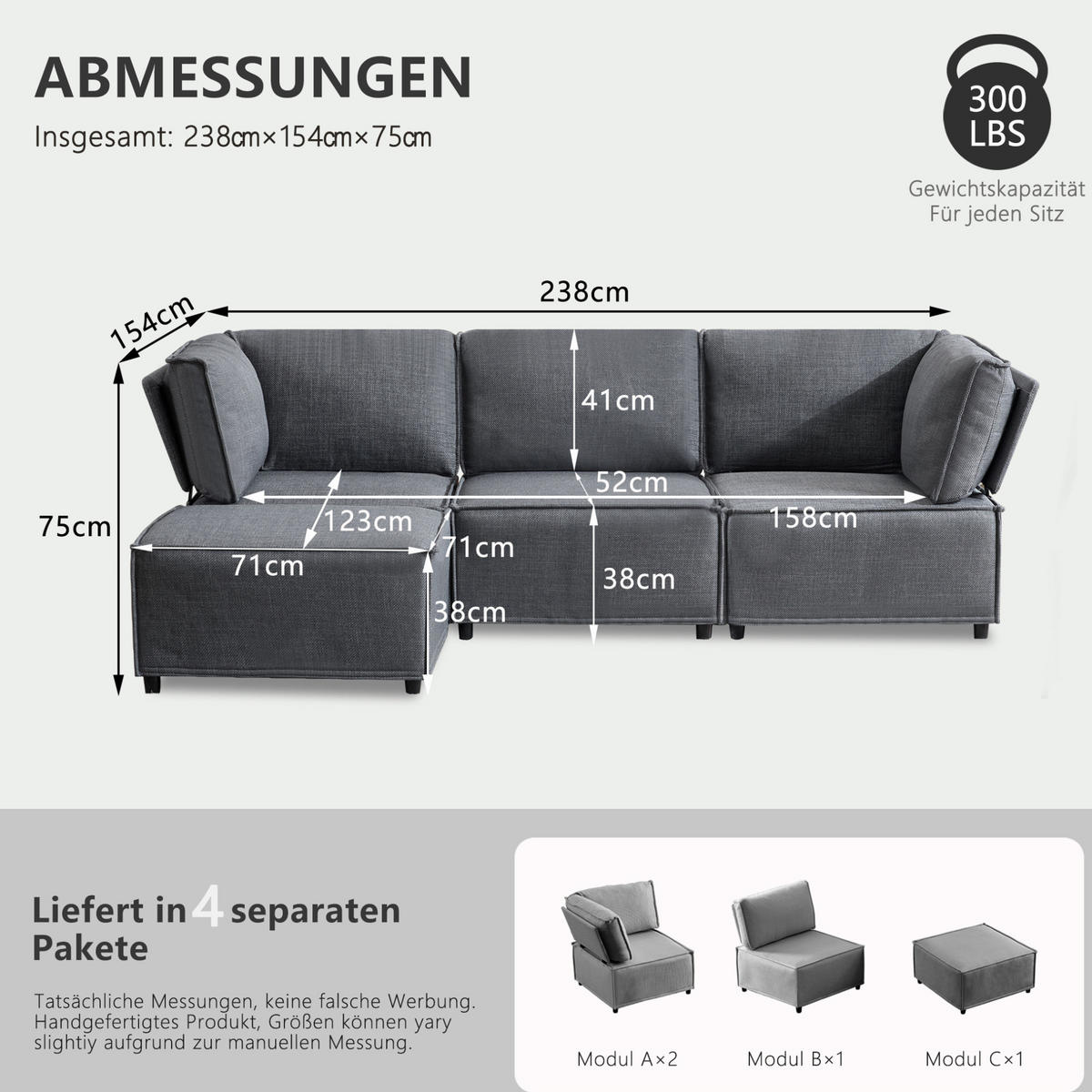 SOFAGARNITUR modular Dunkelgrau - Dunkelgrau, Holz (154/238cm) - Meubliv