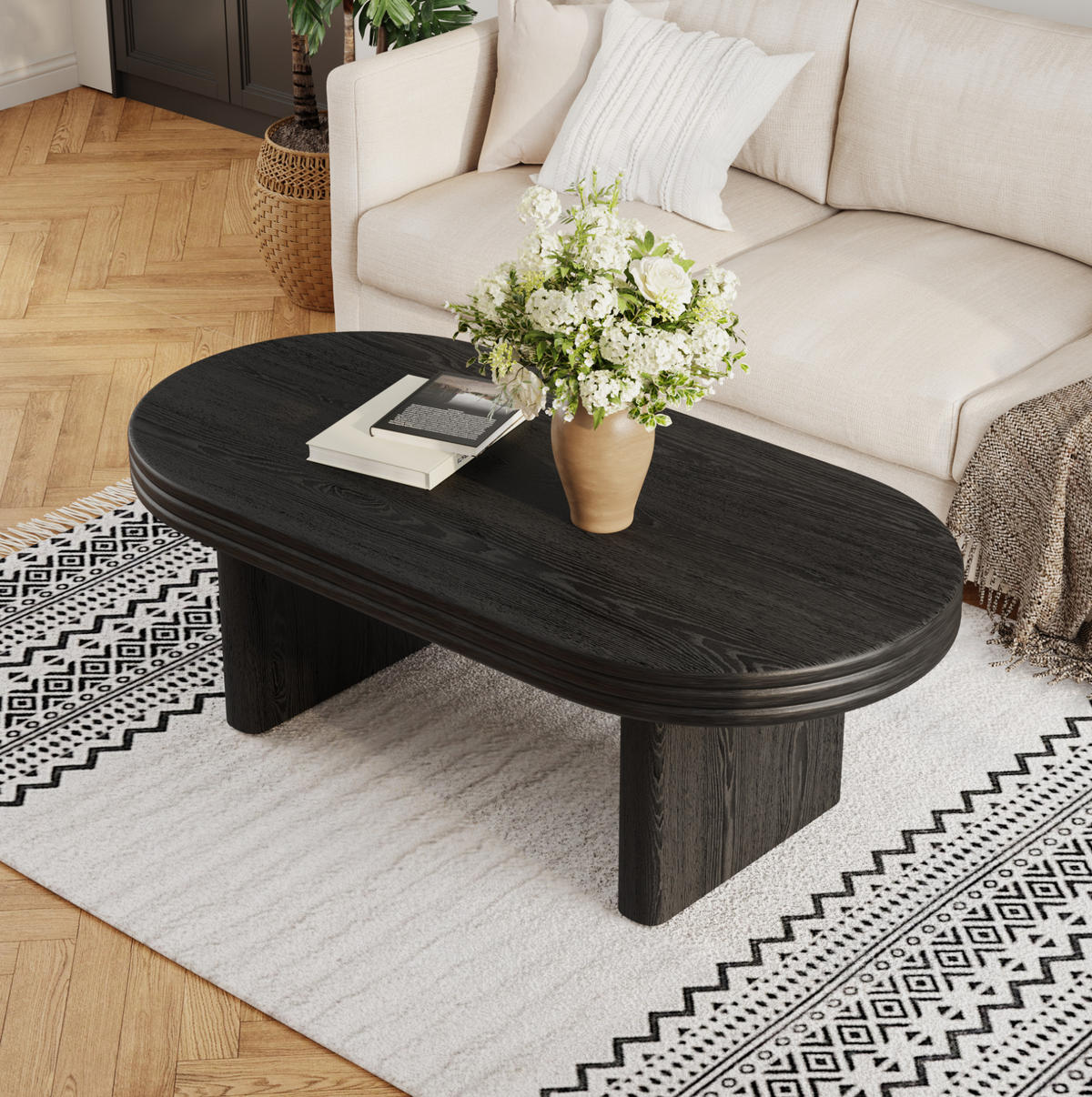 COUCHTISCH aus MDF mit Massivholzfurnier 120x60x41,5 cm Schwarz oval, vielseitig und pflegeleicht - Schwarz, Holzwerkstoff (120/60/41.5cm) - Modfu