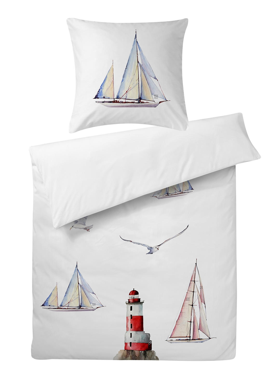 WENDE-BETTWÄSCHE 135x200 Mako Satin Bettbezug Baumwolle Maritim Segelboot Weiß Uni - Made in Germany - Multicolor, Textil (135/200cm) - Carpe Sonno