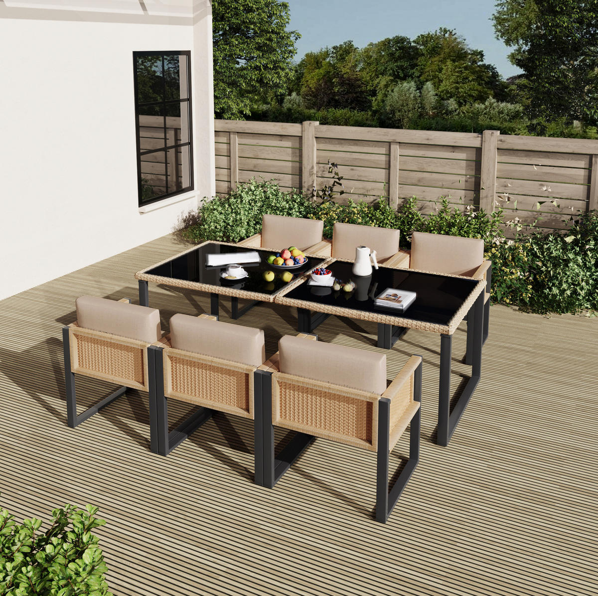 GARTEN-ESSGRUPPE 170/80/75 cm schwarz/braun aus PE-Rattan mit 6 Stühlen - Schwarz, Kunststoff - OKWISH