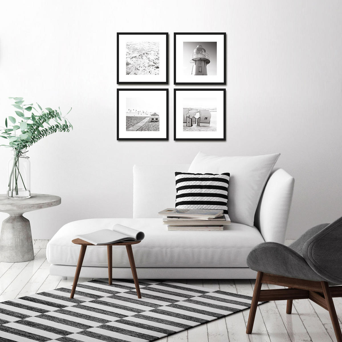BILDER-SET mit Rahmen 4 x 30x30 cm Strand Meer schwarz weiß - Weiß, Holz (30/30cm) - artissimo