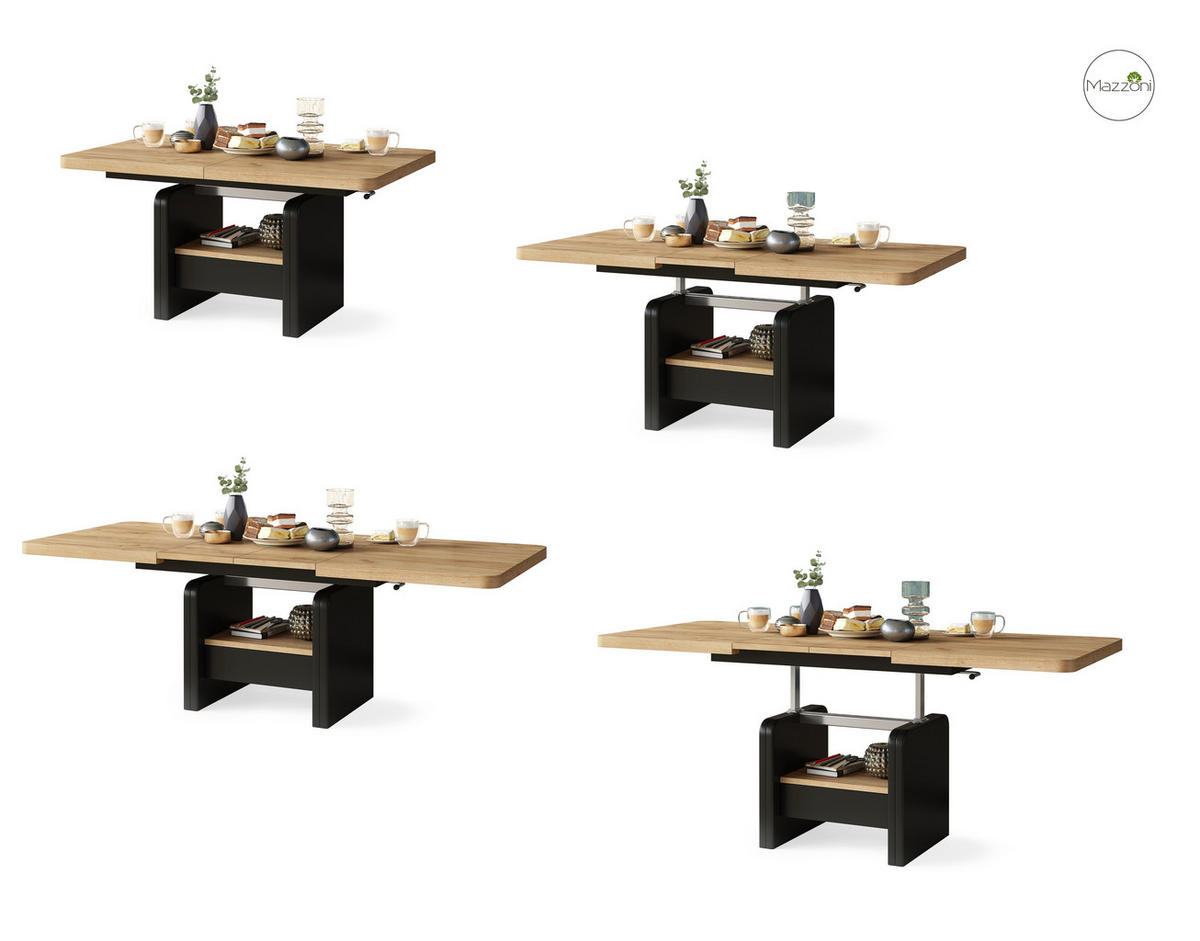 COUCHTISCH rechteckig Eiche Gold - Schwarz höhenverstellbar ausziehbar - Eichefarben/Schwarz, Holzwerkstoff (75/180/75cm) - designimpex