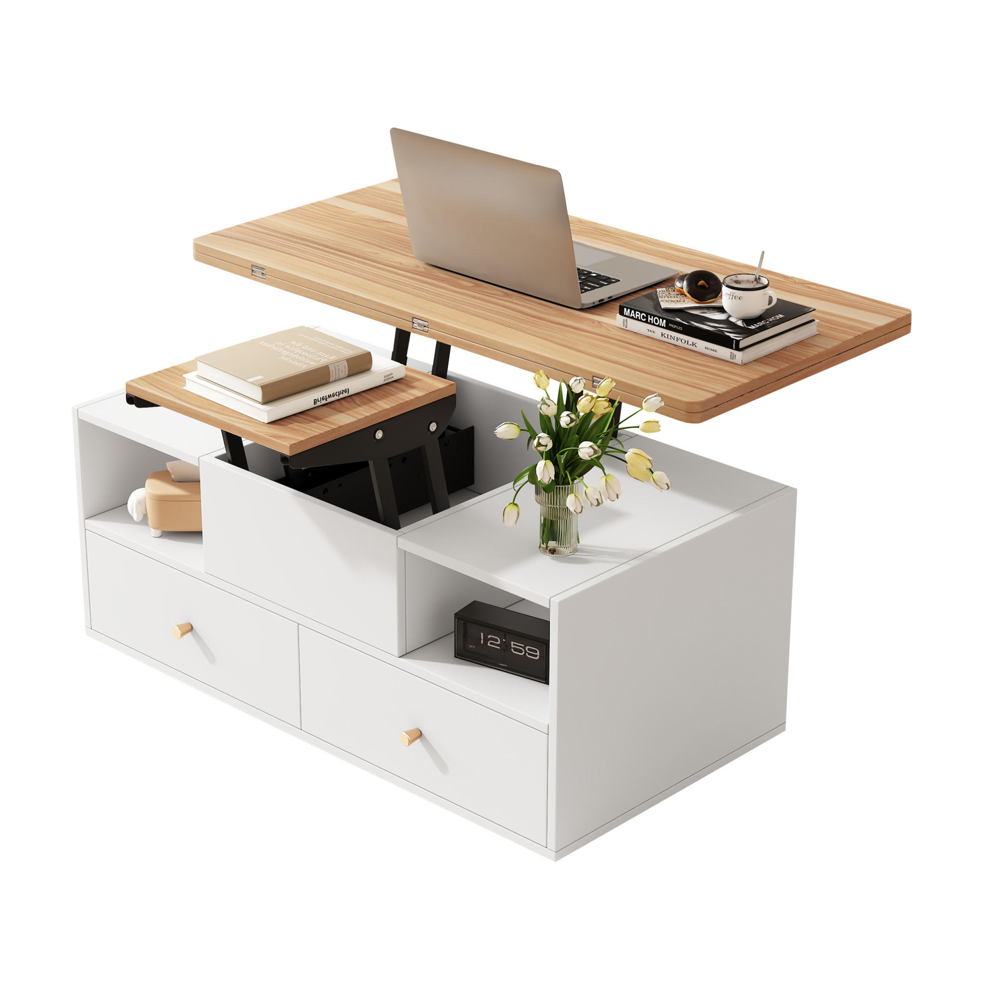 COUCHTISCH, höhenverstellbar & klappbar, 4 Schubladen, MDF mit Walnussplatte, 100/50/47,5–62 cm,Naturfarben - Naturfarben, Holzwerkstoff (100/50/47.5cm) - Redom