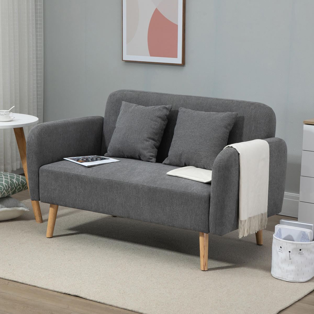2 Sitzer Sofa, Couch mit 2 Wurfkissen, gepolsterter Doppelsofa mit Samtopik - Naturfarben/Grau, Kunststoff (70/80/130cm) - HOMCOM