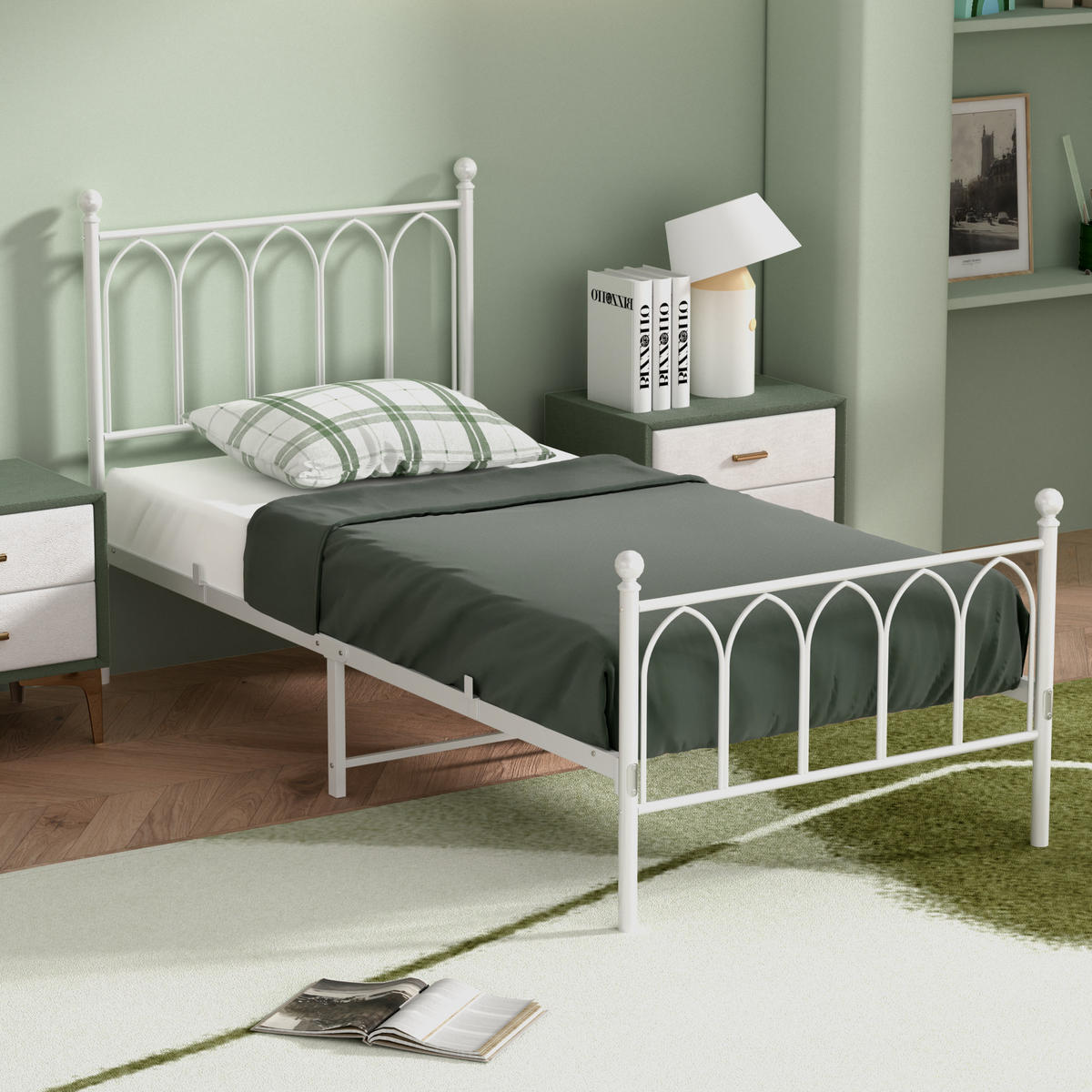 METALLBETT 90/200 mit Stauraum unter dem Bett Jugendbett mit Lattenrost,Weiß - Weiß, Metall (90/200cm) - STILVORA