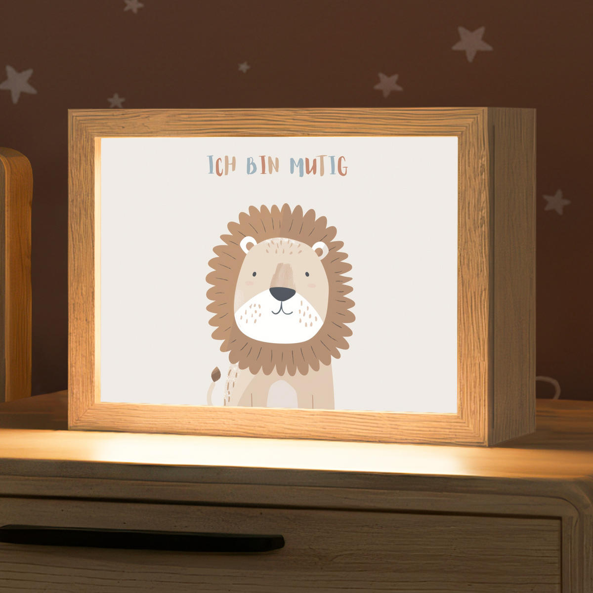 NACHTTISCHLAMPE Löwe - Beige - Tier - Mutig - Zitat 20x15 cm - Beige, Holzwerkstoff (8/20/15cm)