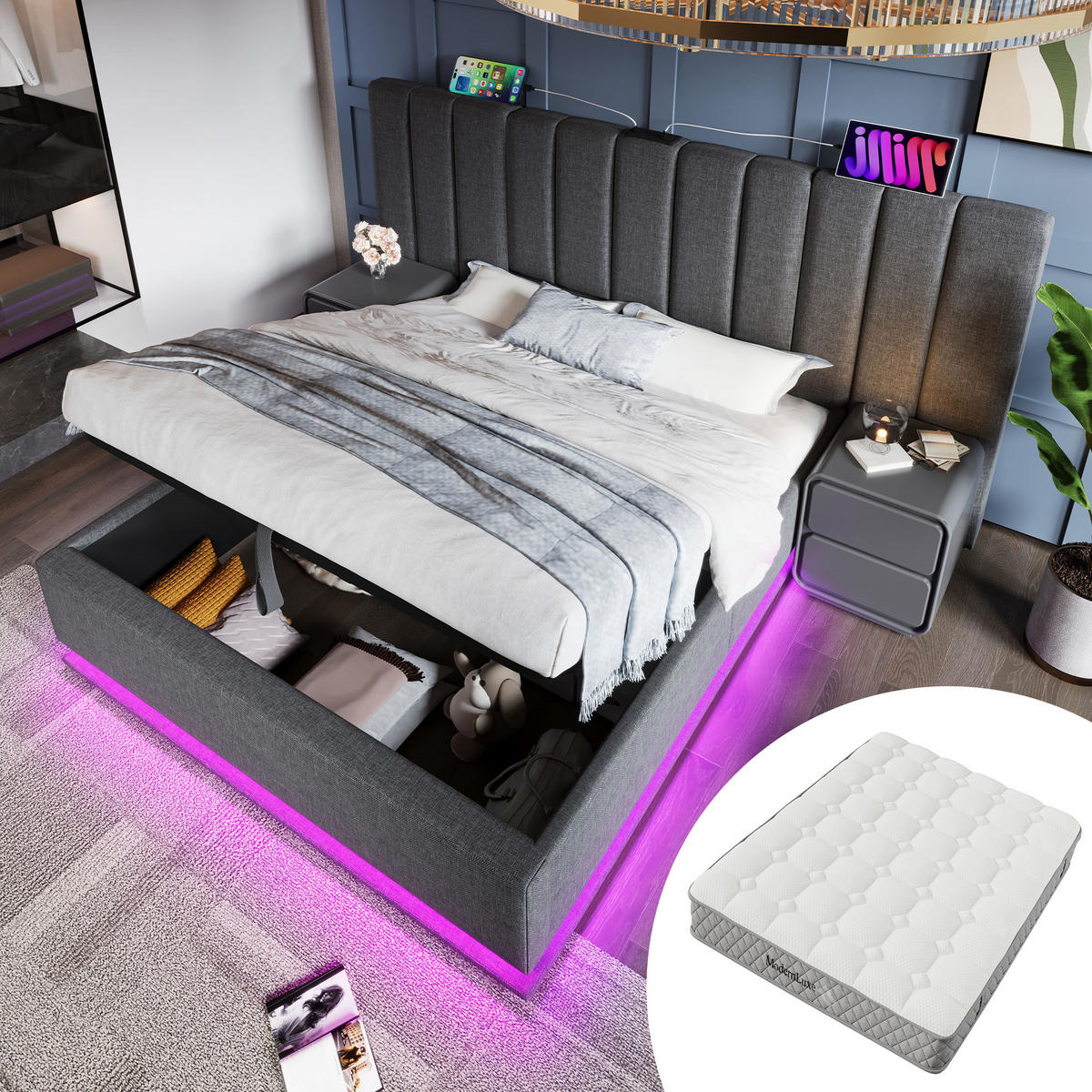 POLSTERBETT aus Leinen 180x200 cm in Grau mit LED-Beleuchtung & Matratze - Grau, Textil (180/200cm) - Modfu