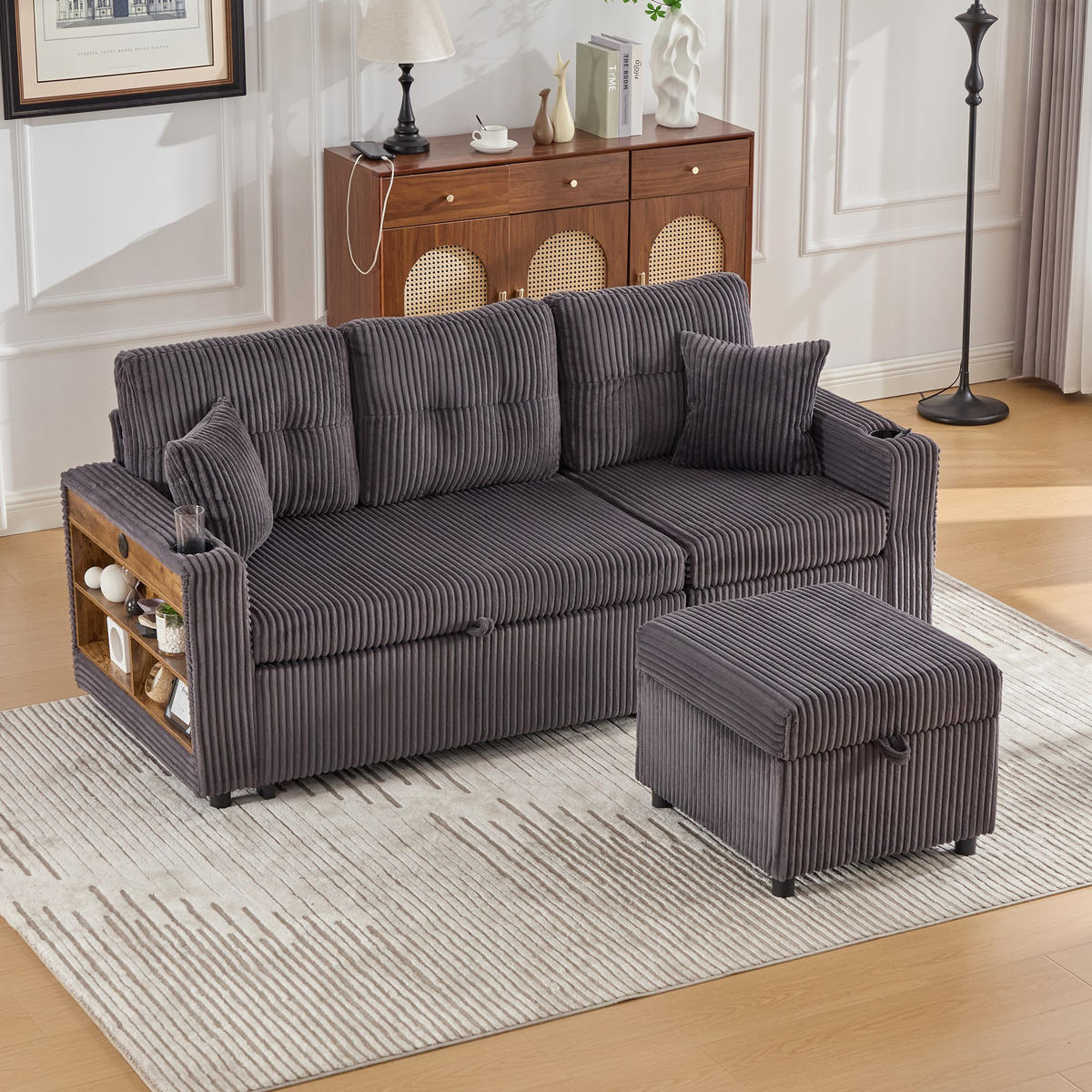 SCHLAFSOFA 3-er Sofa mit Schlaffunktion,Aufbewahrungshocker,Cord,Dunkelgrau - Dunkelgrau, Textil (196/85/119cm) - LVHOM