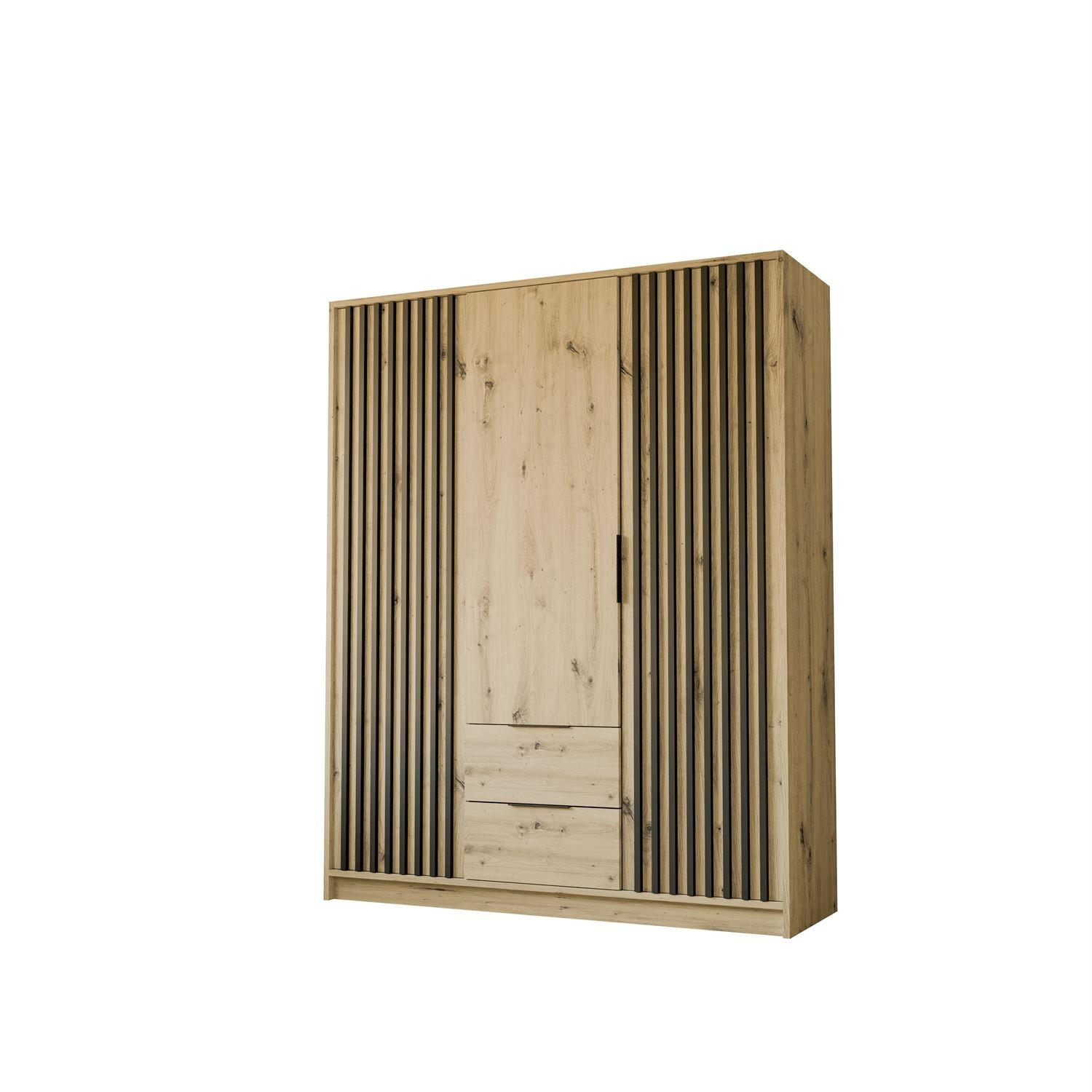 KLEIDERSCHRANK NELA, dreitürig mit Lamellen, 155 cm, Artisan/Schwarz - Eiche Artisan, Holzwerkstoff (155/200/51cm) - Lookway