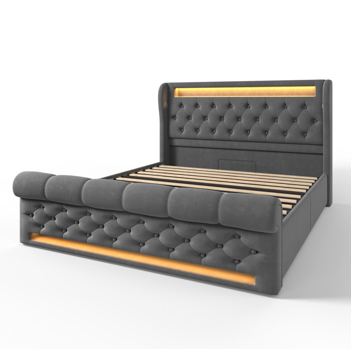 OBLAZINJENA postelja 160/200 cm z LED osvetlitvijo, USB in USB-C priključki ter hidravličnim prostorom za shranjevanje, Siva - siva, tekstil (160/200cm) - Redom