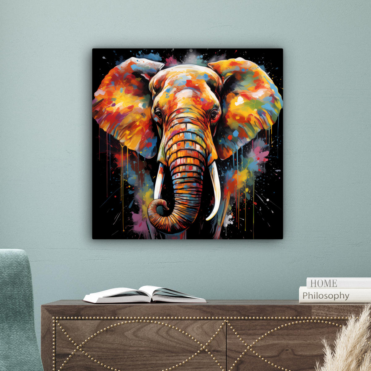 LEINWANDBILD Elefant - Graffiti - Schwarz - Tiere - Farben Wandbild Wohnzimmer 50x50 cm - Schwarz, Textil (50/50cm) - MuchoWow