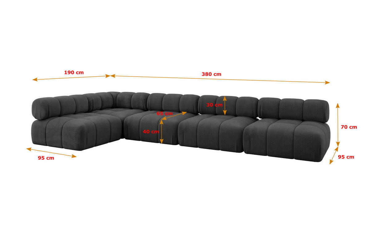 ECKSOFA modulares Sofa Samaro-L3 - 380x190x70 cm Schwarz Velours - Schwarz, Holzwerkstoff/Textil (380/190cm) - ALTDECOR