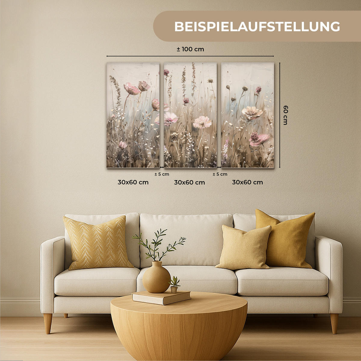 LEINWANDBILD 3er Set Blumen - Beige - Modern - Rosa 90x60 cm - Ecru, Textil (90/60cm) - MuchoWow