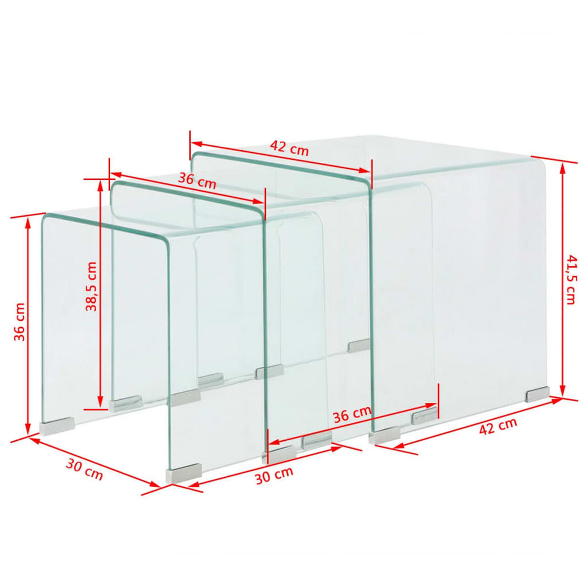 COUCHTISCHSET 30-42/30-42/36-41,5 cm 3-tlg. aus Gehärtetem Glas Transparent U-Form - Transparent, Glas (42/42/41.5cm) - vidaXL
