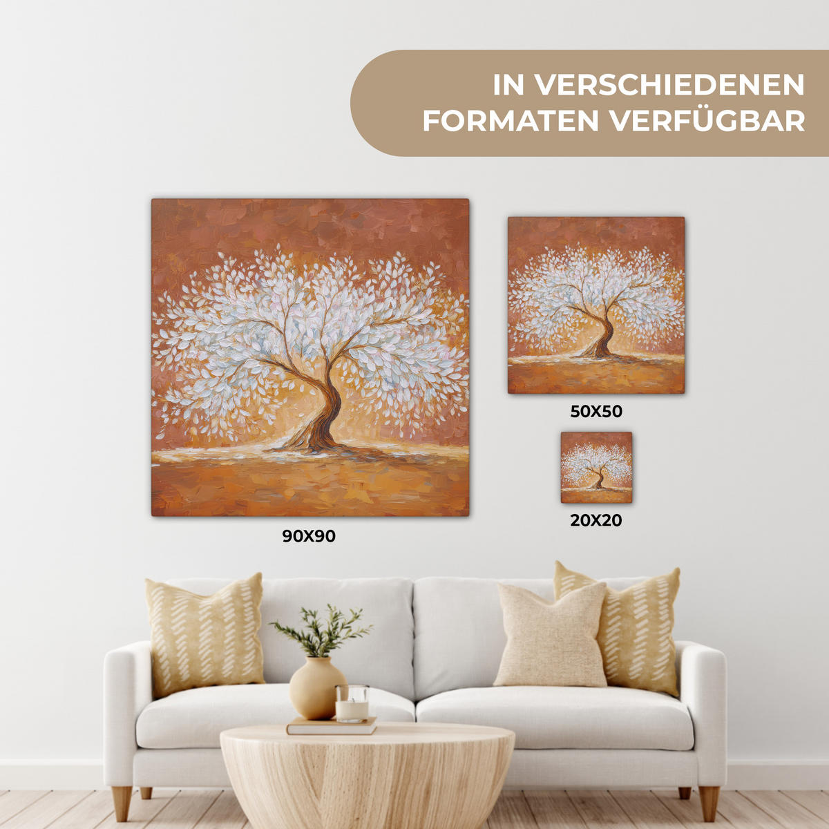 LEINWANDBILD Abstrakt - Baum - Weiß - Blätter Deko Groß 90x90 cm - Braun, Textil (90/90cm) - MuchoWow