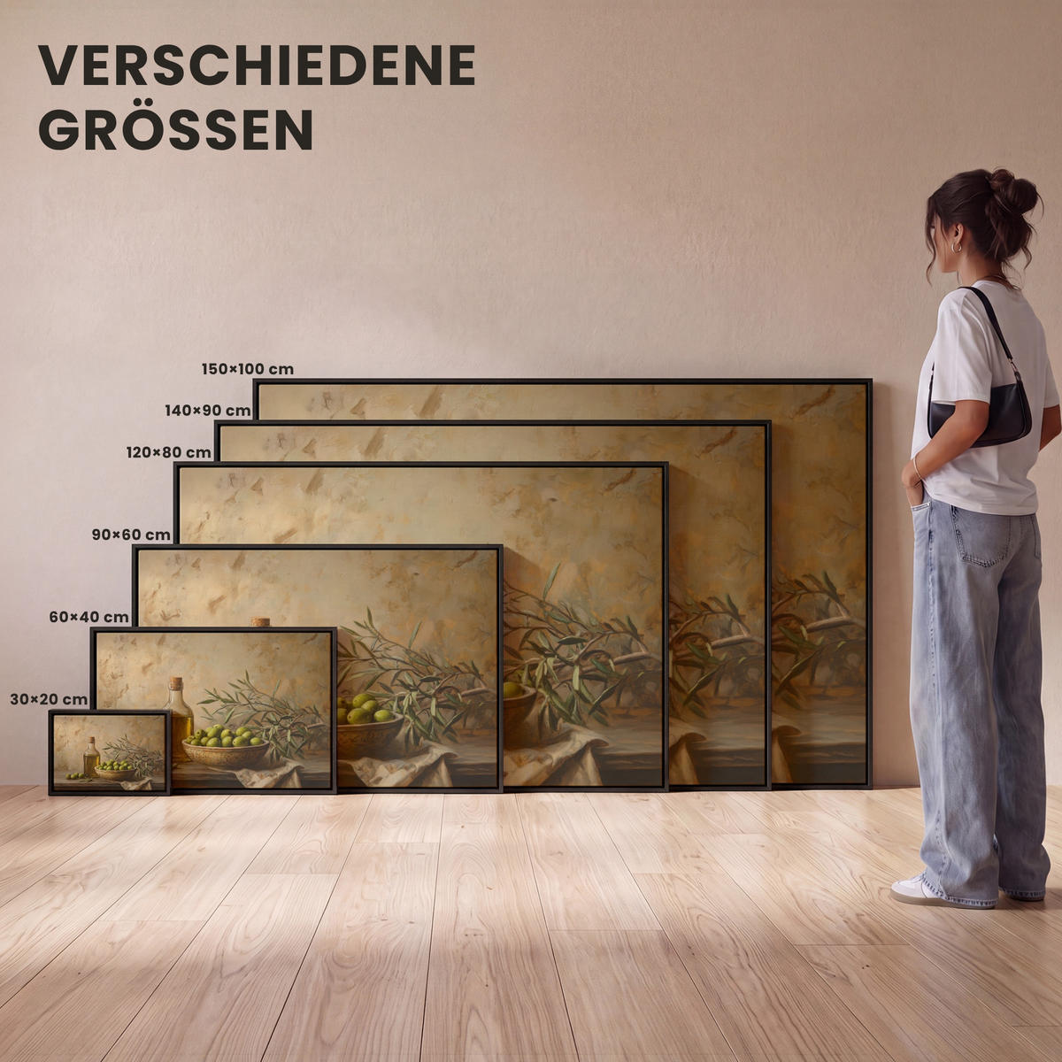 LEINWAND Bilder mit Rahmen - Oliven - Stilleben - Vintage - 90x60 - Olivgrün, Textil (90/60cm) - MuchoWow