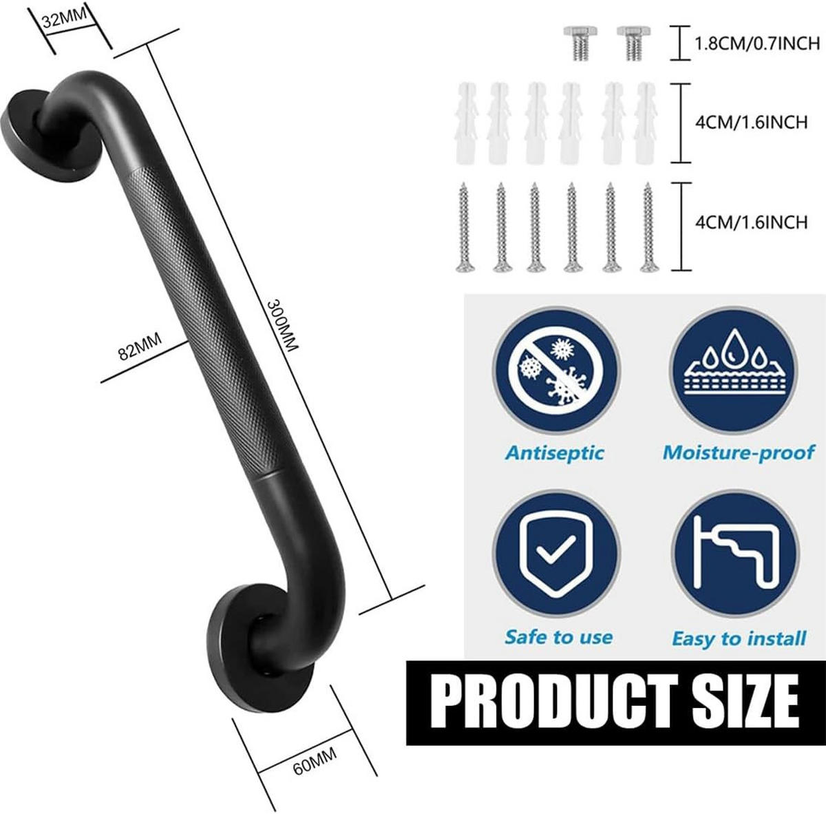 HALTEGRIFF Badezimmer Schwarz 30 cm Rutschfest Für Dusche und Badewanne - Schwarz, Metall (6/8/30cm)