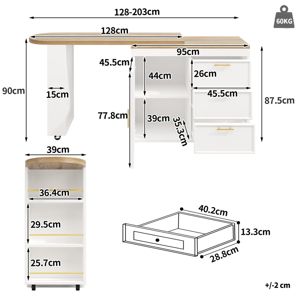 BARTISCH mdf in weiß mit holzoptik, 360° drehbar & 3 schubladen - Weiß, Holzwerkstoff (39/203/90cm) - Urban Meuble