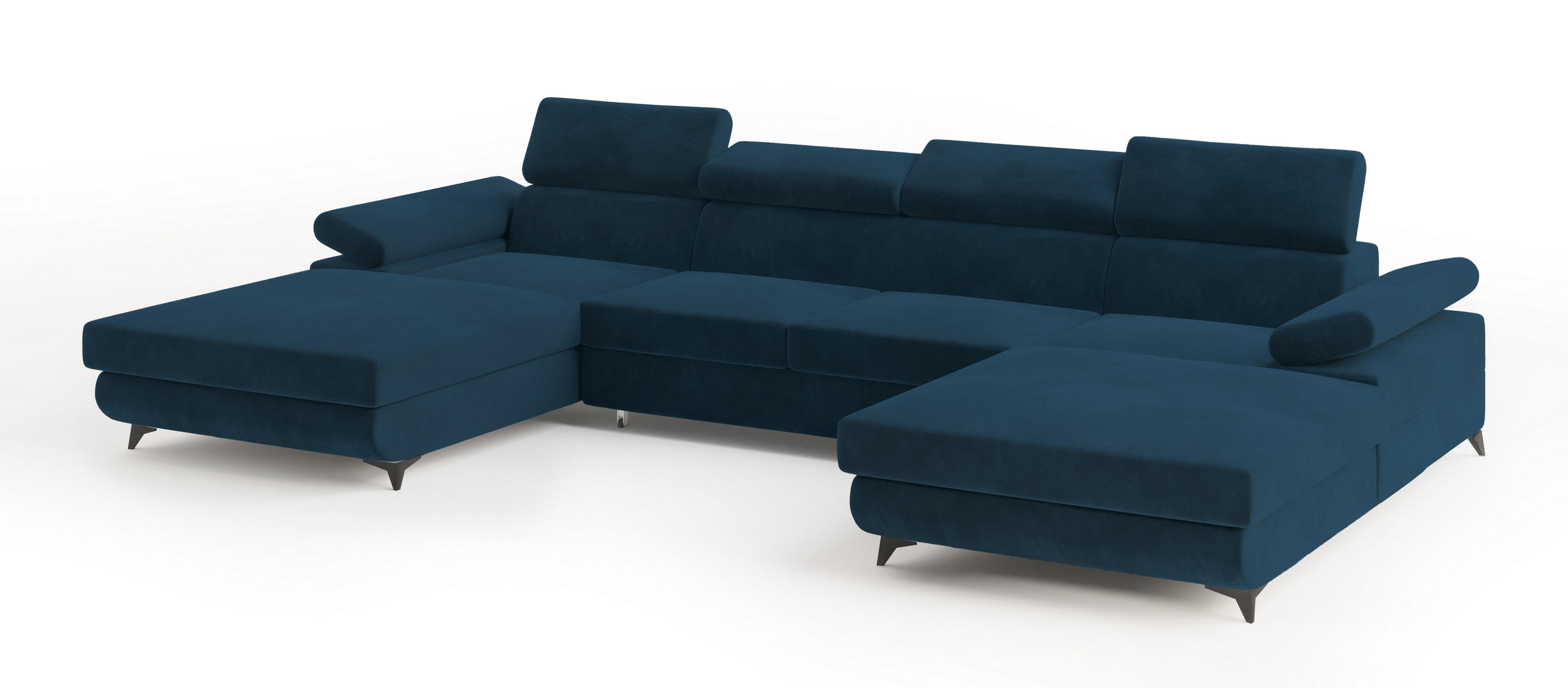 WOHNLANDSCHAFT DETTI Blau Velours-Stoff mit Schlaffunktion - Blau, Holz (339/89/190cm) - MASSENO