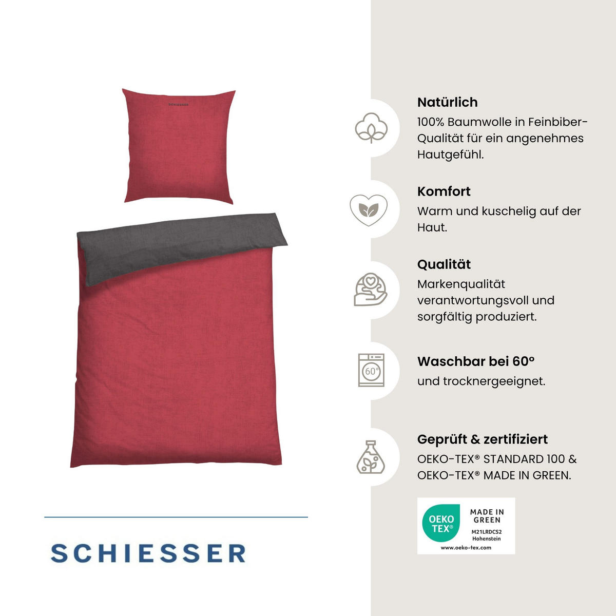 BETTWÄSCHESET Doubleface - Feinbiber - 2-teilig - 135 x 200 cm - Rot-Dunkelgrau - Dunkelgrau/Rot, Textil (155/220cm) - SCHIESSER