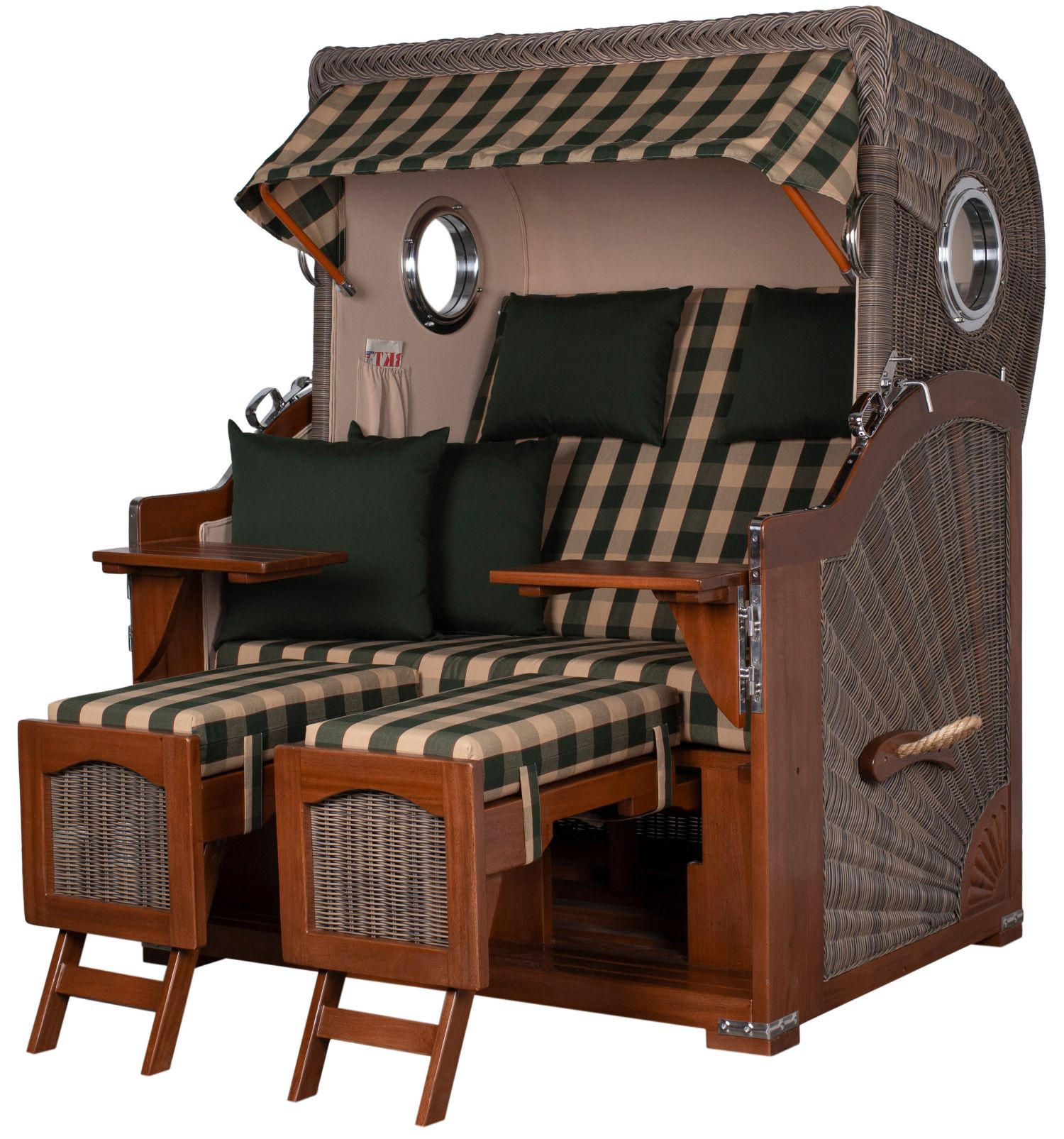 STRANDKORB Komplettset: Ammersee Mahagoni Bullauge - PE grau - Modell 506 - Beige/Grün, Holz/Kunststoff (125/165/80cm) - bene living