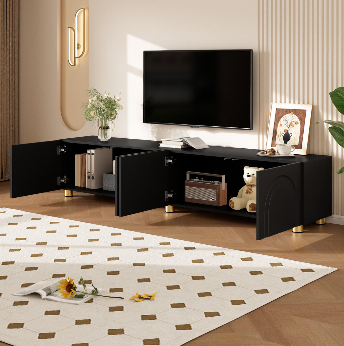 TV-SCHRANK mit 4 Türen 180 x 35 x 40 cm Schwarz mit Metallfüßen - Schwarz, Holzwerkstoff (35/40/180cm) - Beauniv