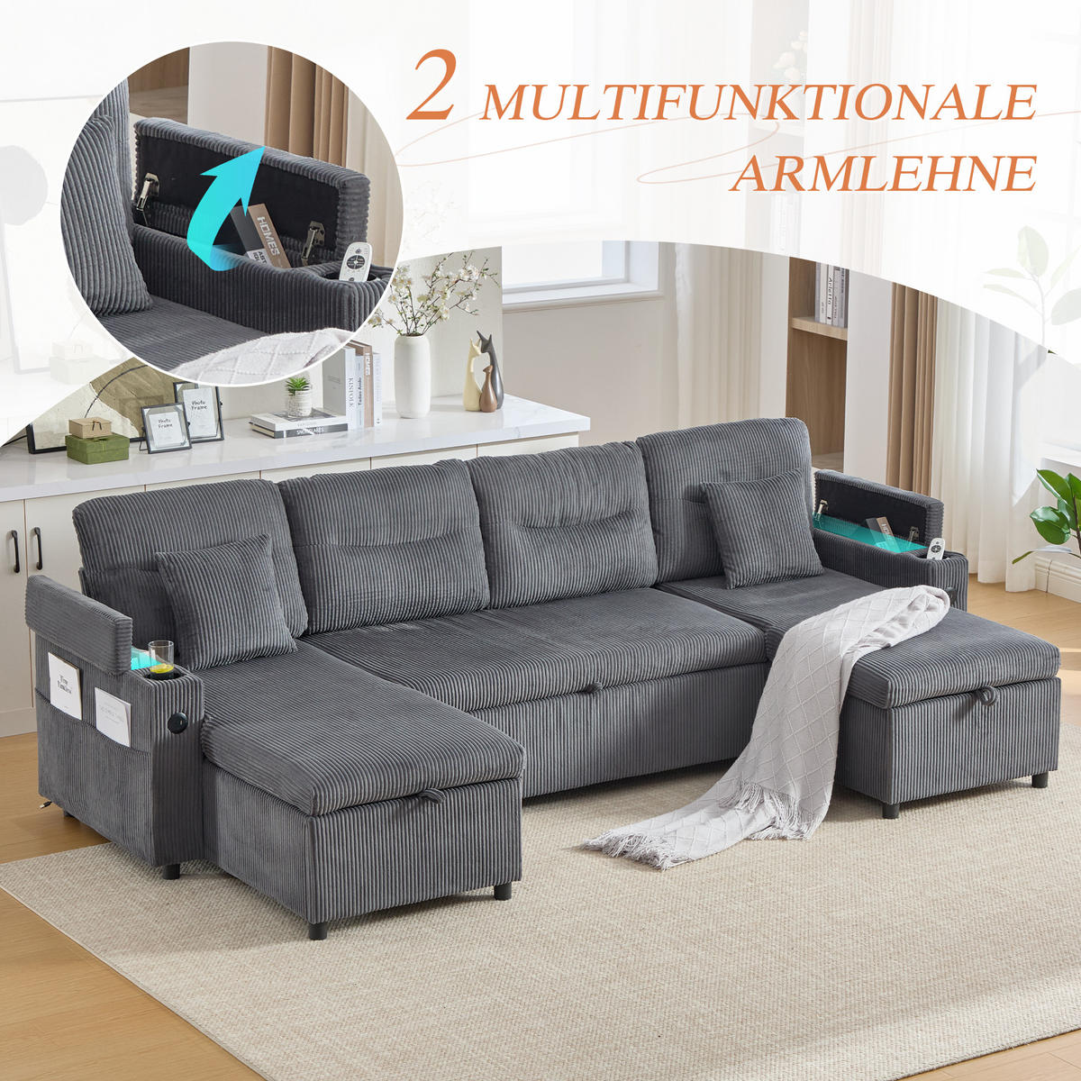 SCHLAFSOFA 4-Sitzer mit Chaiselongues, USB und Stauraum, Schwarz - Grau, Textil (272/86/136cm)