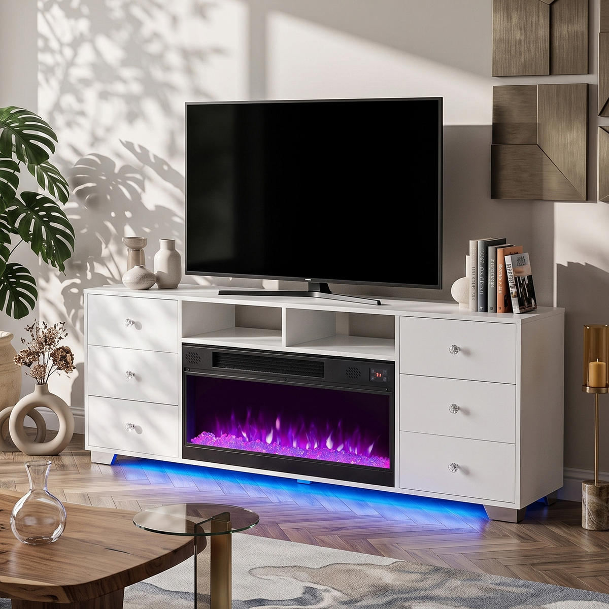 TV-SCHRANK mit Elektrokamin Beleuchtung RGB Lowboard 6 Schubladen 180/40/65CM - Weiß/Grau, Glas/Metall (180/65/40cm) - VANITII