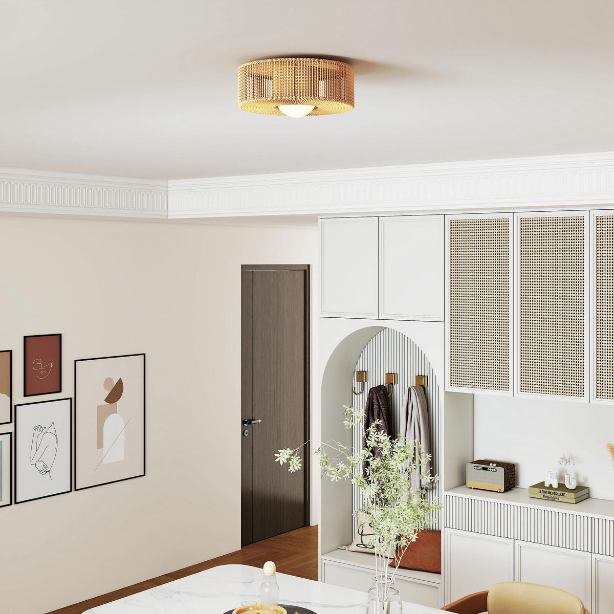 DECKENLEUCHTE, Boho-Deckenlampe Hängend mit G9 LED Fassung, Rund Hanfseil - Beige, Metall (30/30/16cm) - HOMCOM