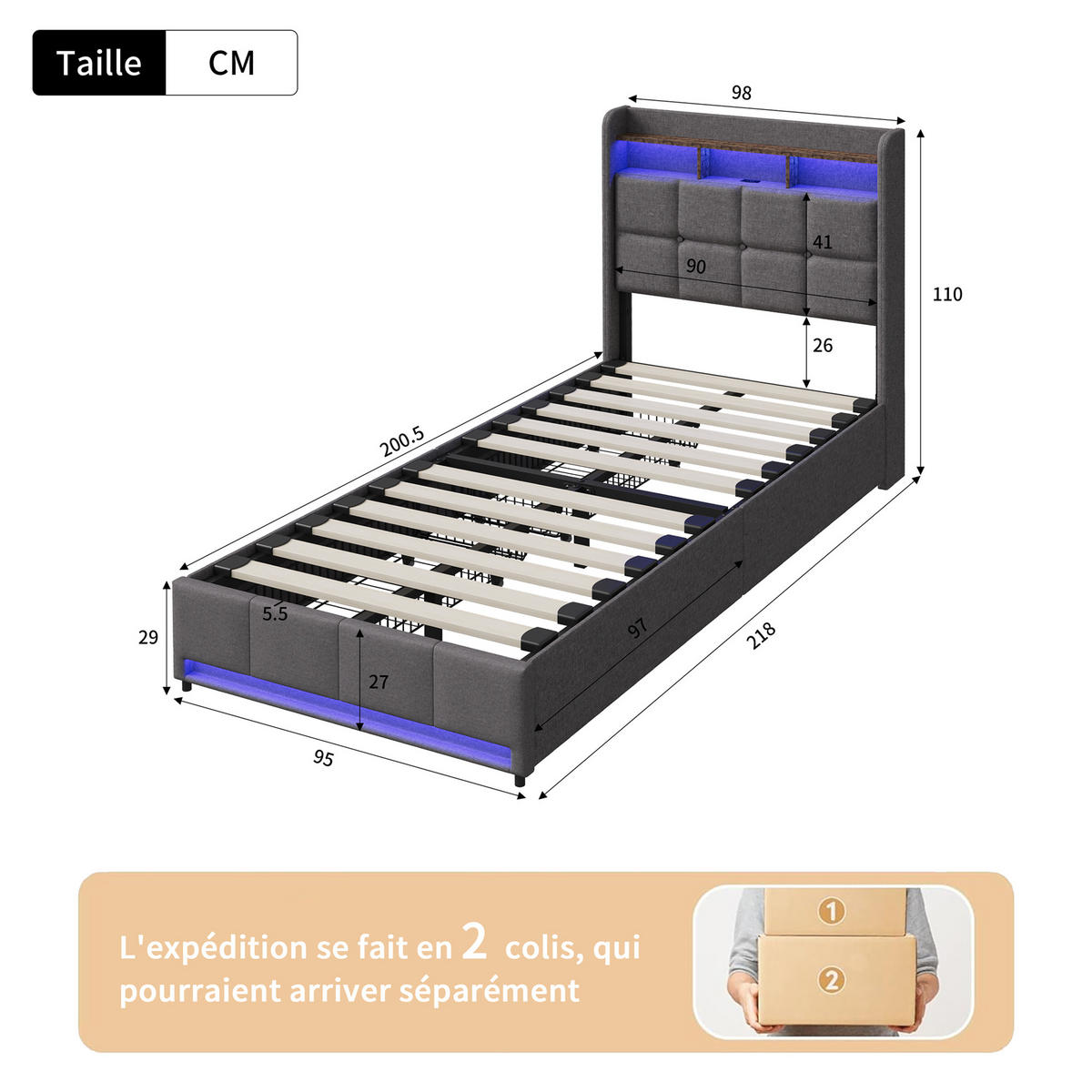 BETT 90x200 cm mit Schubladen, Kopfteil mit Stauraum und LED-Beleuchtung, USB- und Typ-C-Anschlüsse, Leinenstoff, Lattenrost - Grey - Grau, Holzwerkstoff (90/200cm) - Brevoria