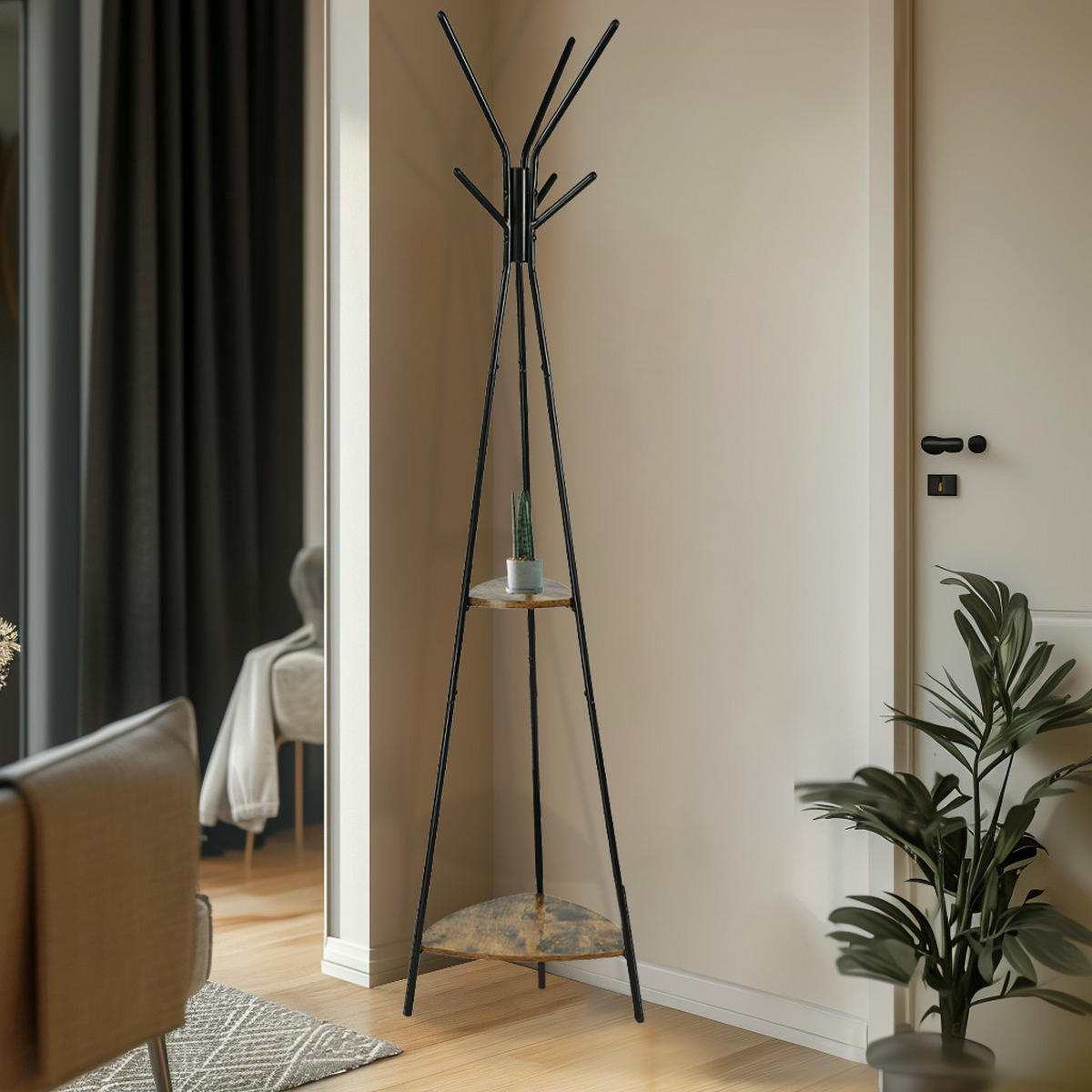 KLEIDERSTÄNDER Holzwerkstoff Metall Dunkelbraun Schwarz mit 2 Ablagen 179×49,5 cm - Dunkelbraun/Schwarz, Holzwerkstoff/Metall (49/179/49cm) - Begryf