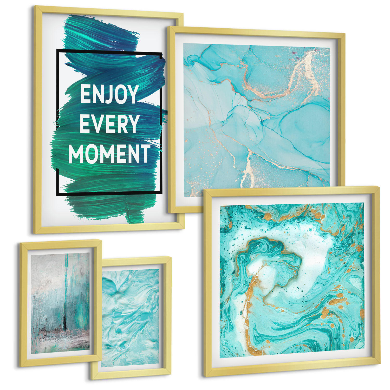 BILDER SET 5er Set - 50x50 cm & 20x30 cm & 40x60 cm Goldrahmen - Farbenfrohe Abstraktionen, Gesichter, Formen - Goldfarben, Kunststoff (40/60cm) - TULUP