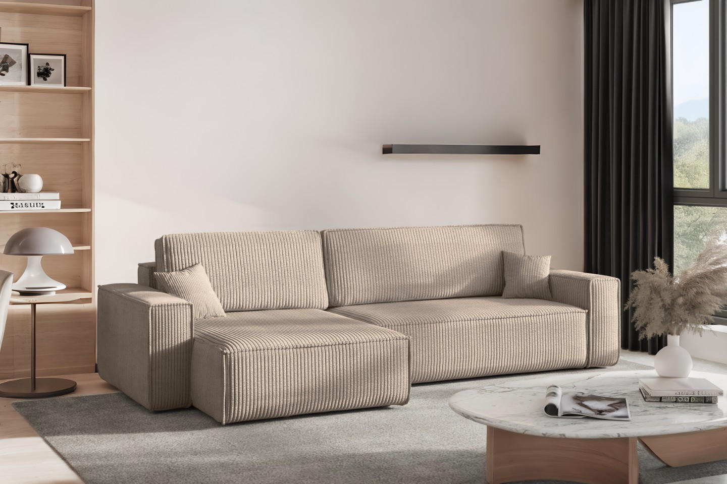 ECKSOFA Mit Schlaffunktion Und Bettkasten, Eckcouch BEST XL Stoff Poso Dicker Cord Dunkelbeige Links - Beige/Schwarz, Holz/Kunststoff (142/274cm) - Kaiser Möbel